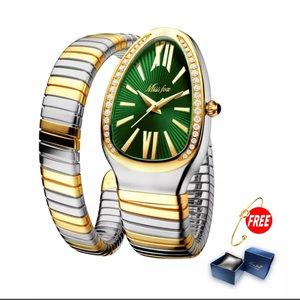 NEW Adrian Balboa Talia Shire Rocky IV Style Serpentine Snake Watch 2 Tone Green